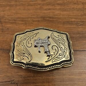 Vintage Western Cowboy Saddle Metal Belt Buckle Gold Silver Two Toned